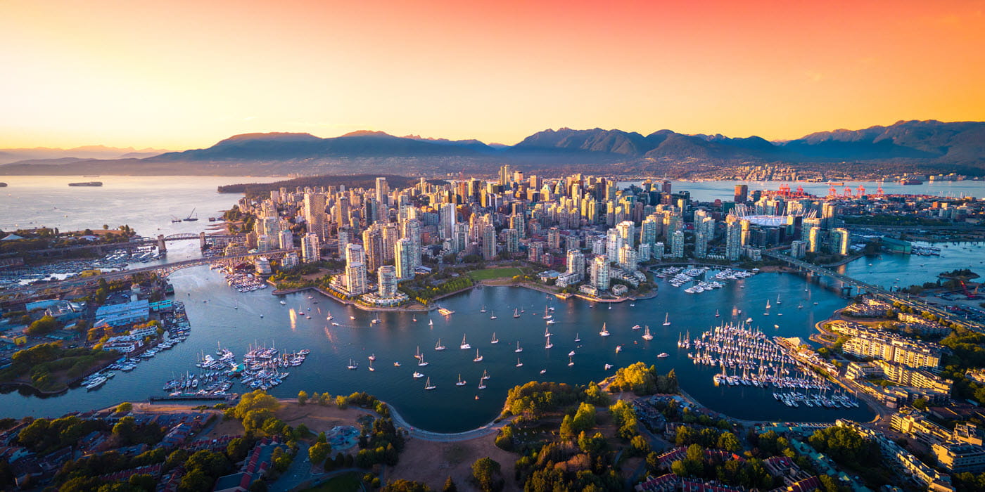 Vancouver aerial shot with sunset